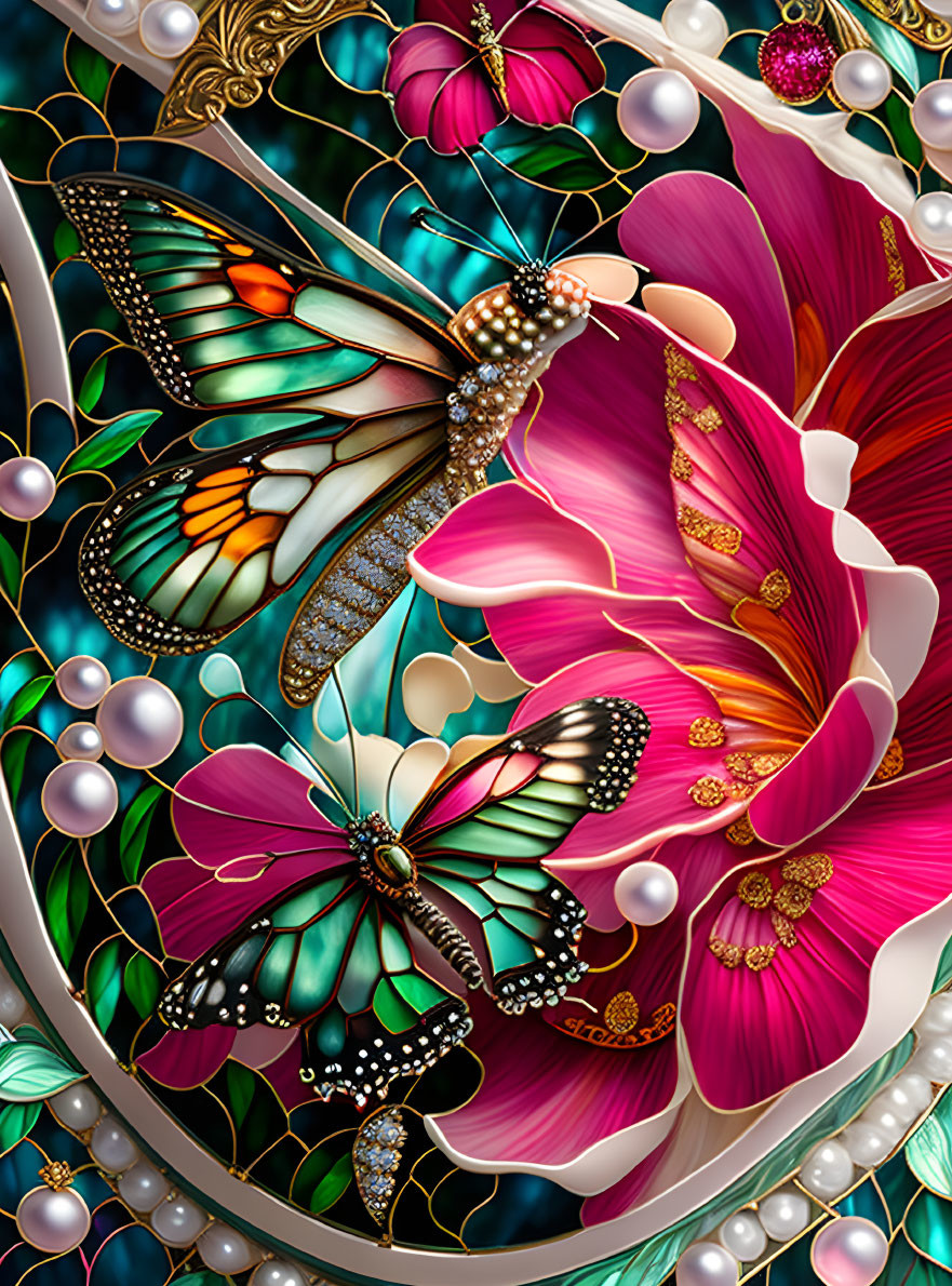 Colorful Butterfly and Flower Artwork with Pearls and Jewels on Green Background