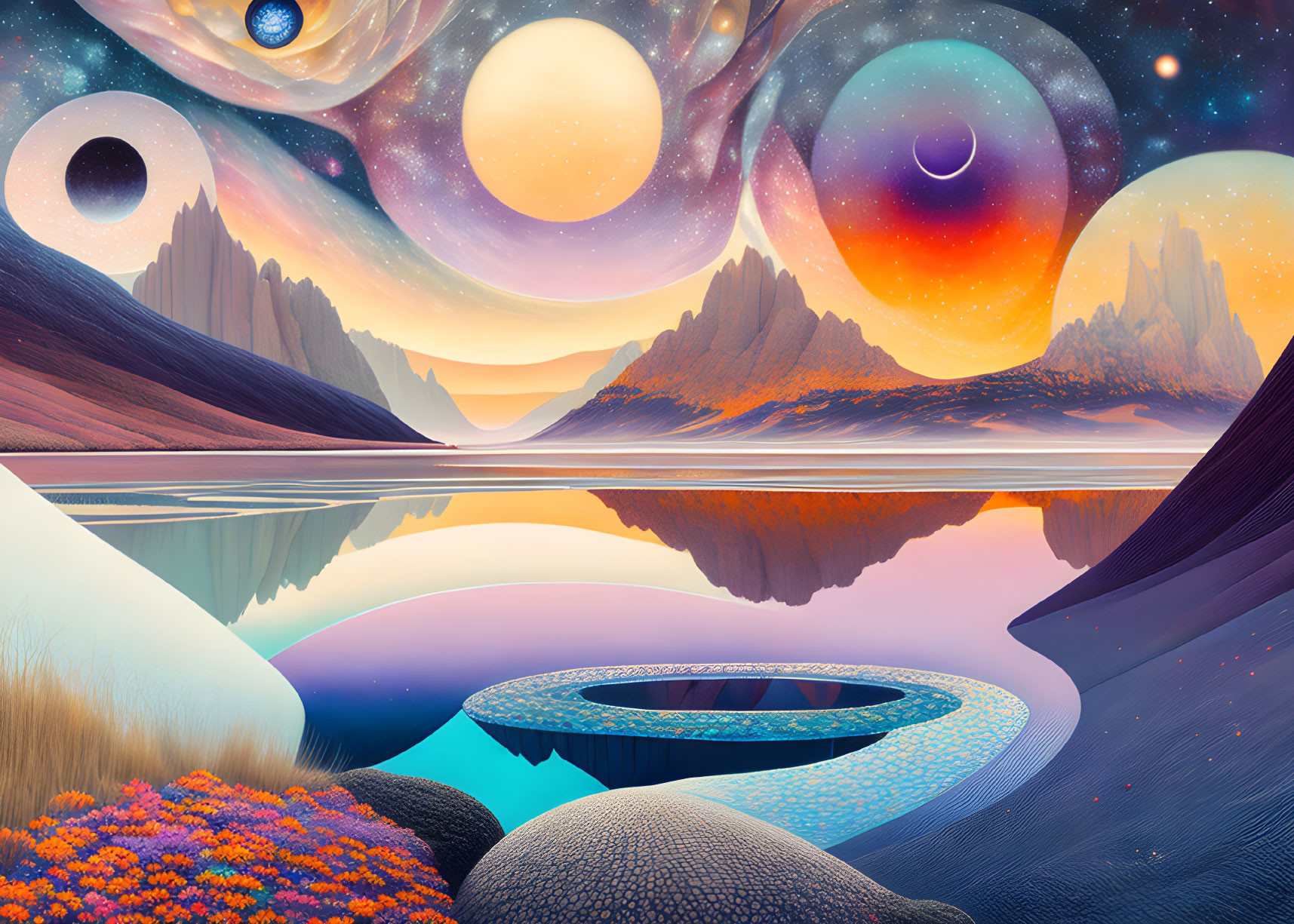 Surreal landscape with multiple moons, starry sky, and colorful rings reflected in a tranquil lake