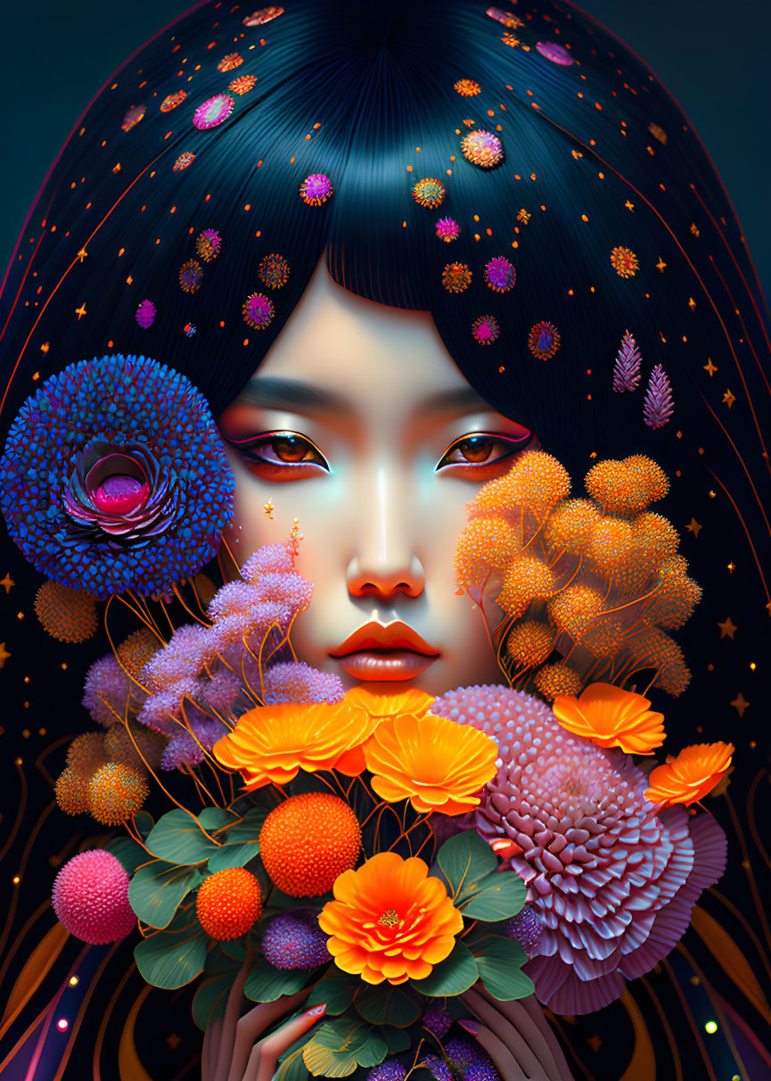 Stylized portrait with dark hair, vibrant flowers, stars, and bouquet