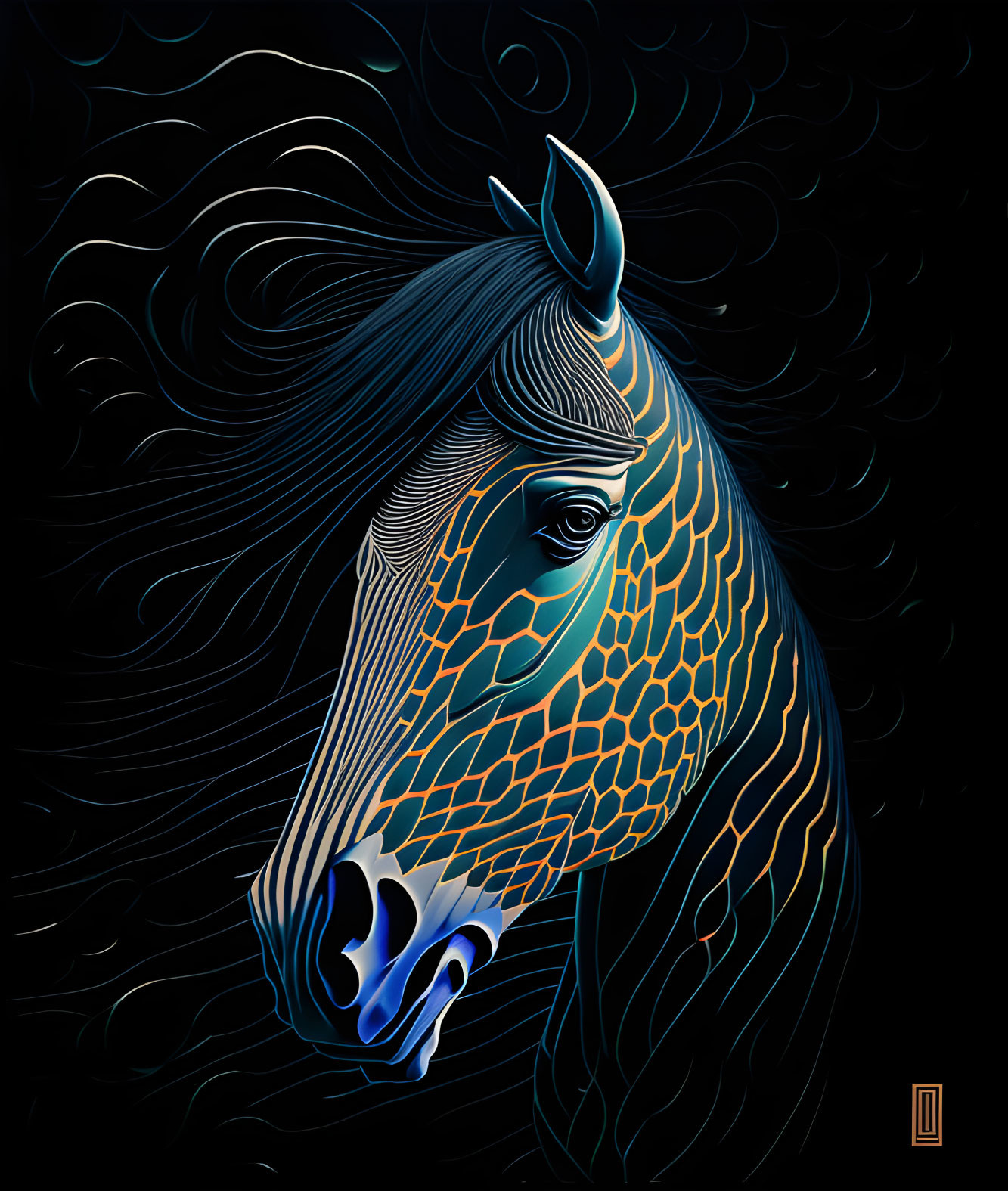 Stylized digital artwork: Horse head with blue and gold patterns