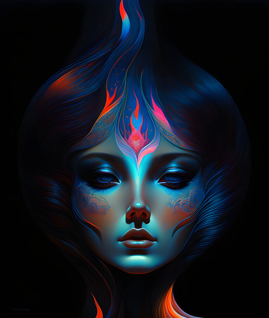 Digital Artwork: Woman with Vibrant Blue Skin and Mystical Aura