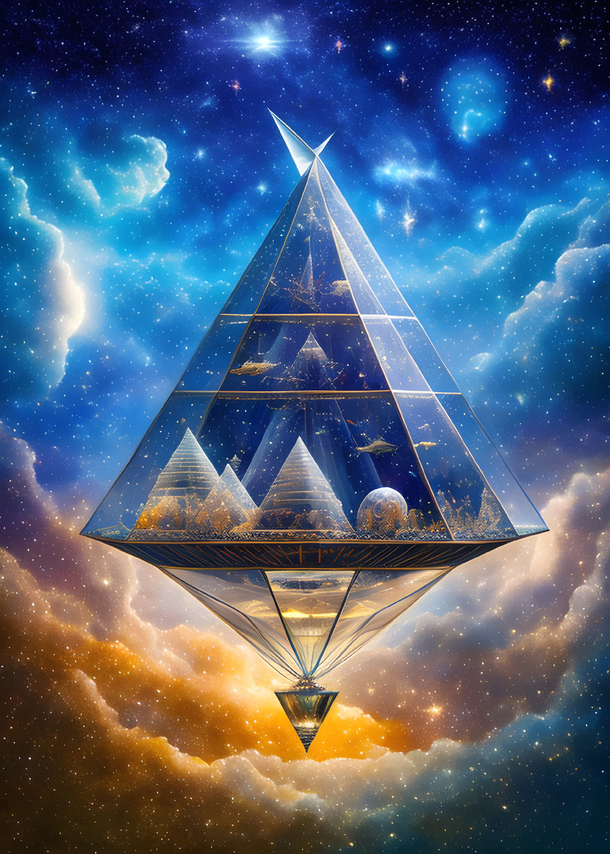 Surreal crystalline pyramid among stars and clouds