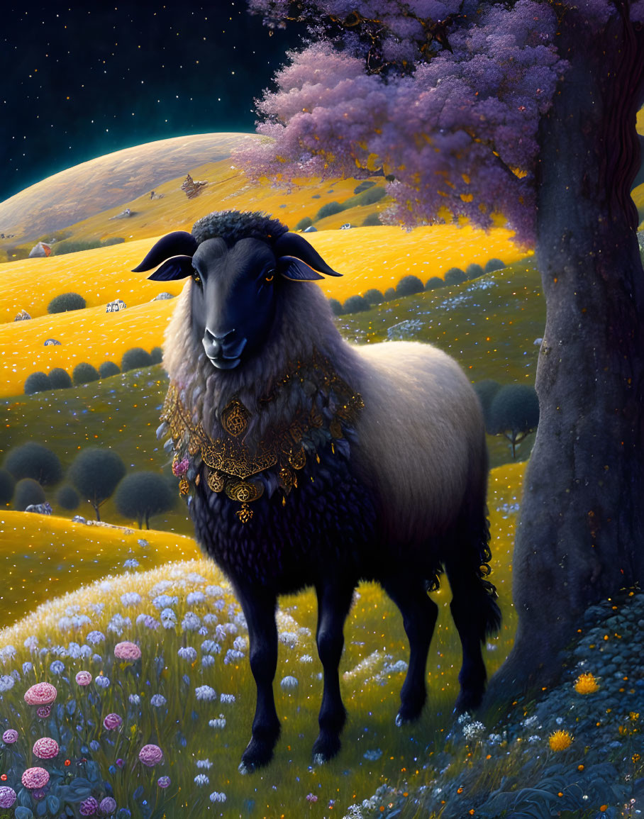 Black sheep with golden ornaments in fantasy field with purple trees and night sky