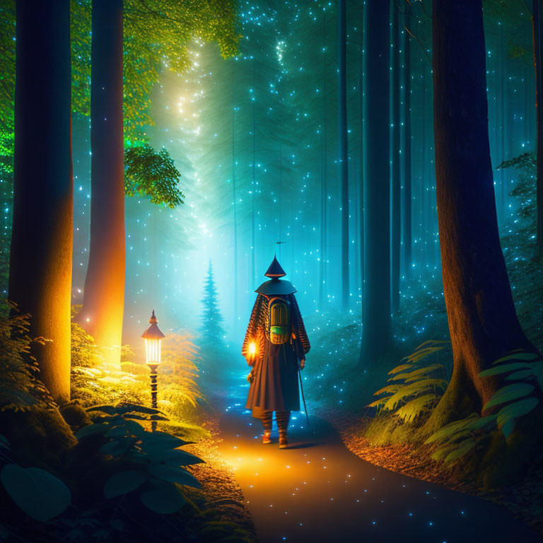 Mystical forest scene with cloaked figure and lantern