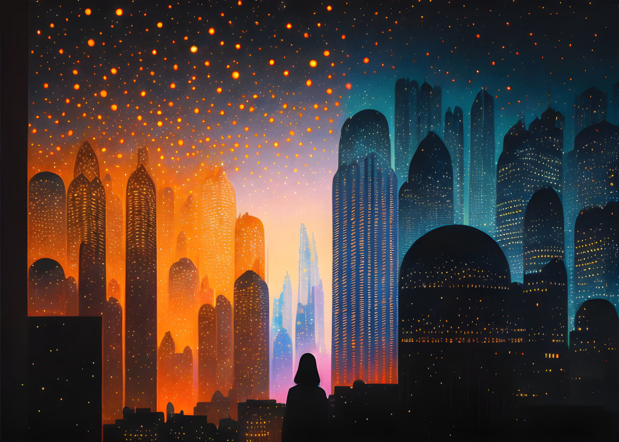 Silhouette of person against vibrant cityscape at night with glowing skyscrapers under starry sky.