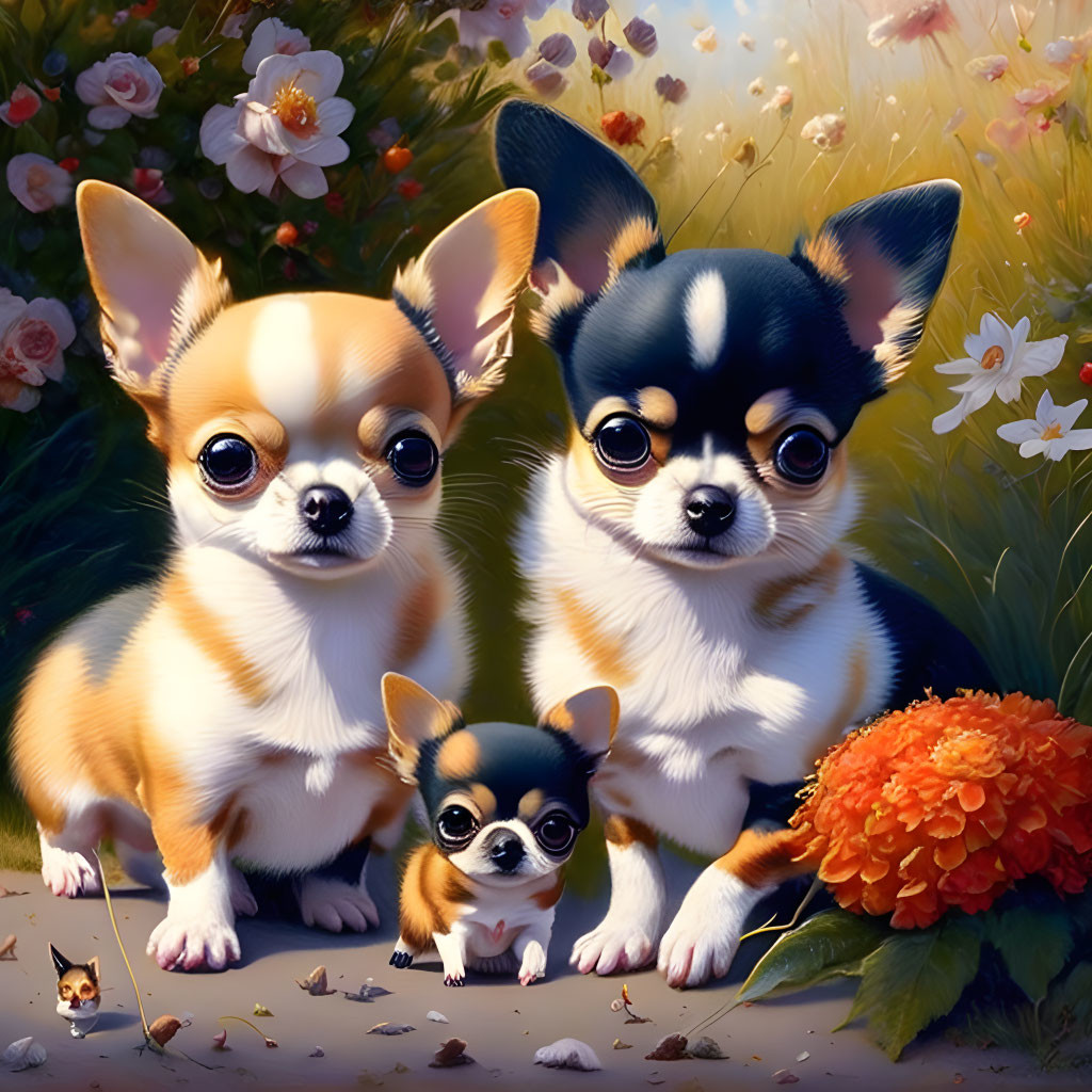 Chihuahuas and puppy in garden with flowers, sunlight, butterflies