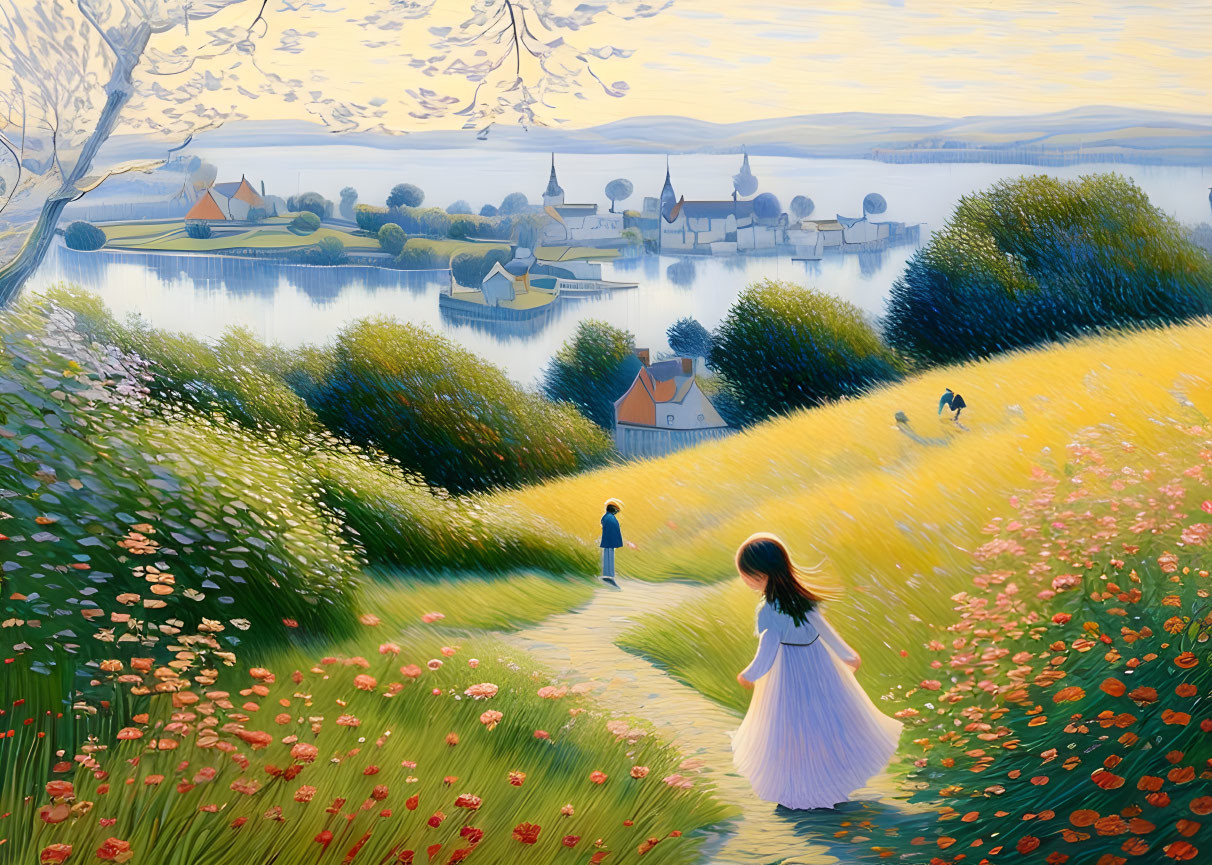 Tranquil landscape painting of girl on flower-lined path overlooking village