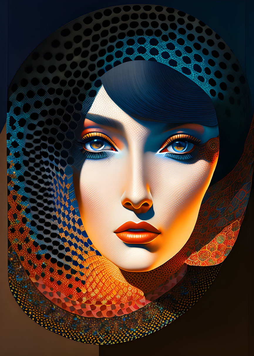 Vibrant digital portrait of a woman with blue eyes and abstract patterns