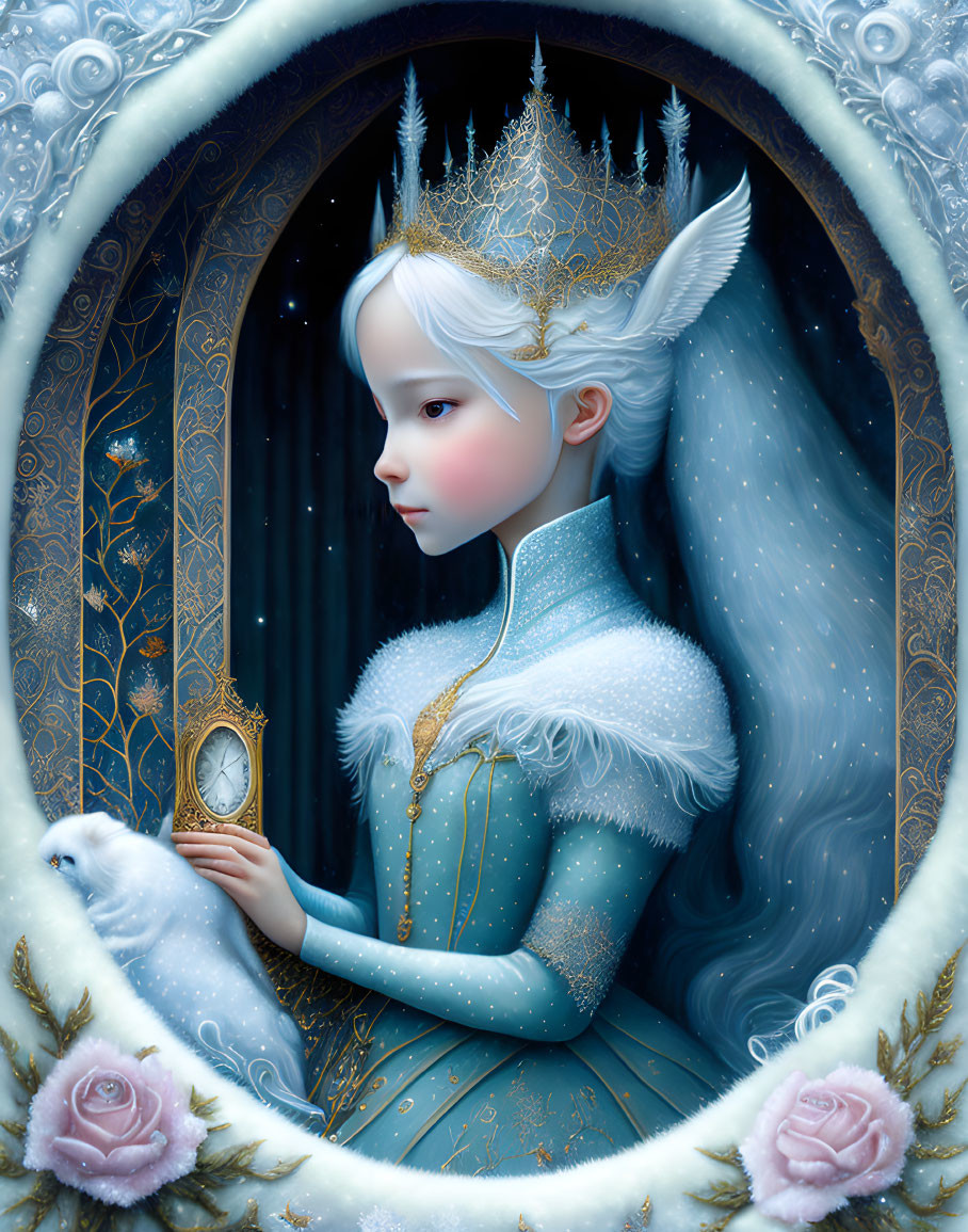 Pale White-Haired Elfin Figure in Blue Dress Holding Mirror