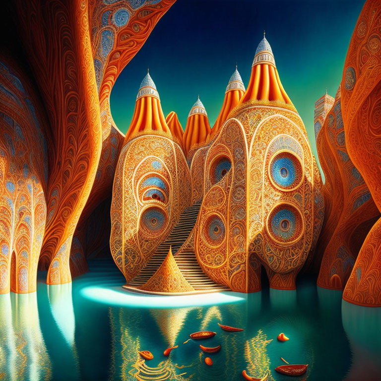 Surreal landscape with orange-patterned towers and tranquil blue water