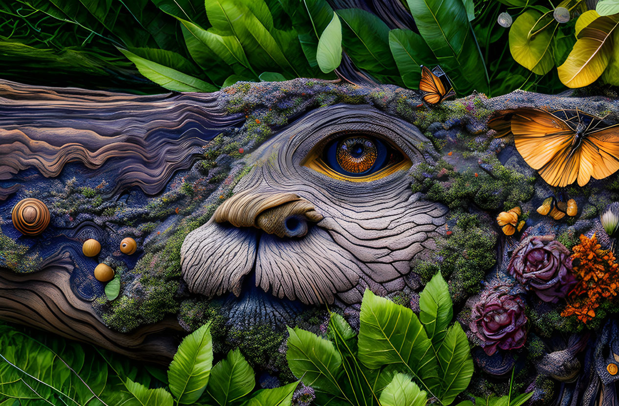 Hyper-realistic artwork: Animal eye and face blended with forest floor, green leaves, mushrooms, butterflies