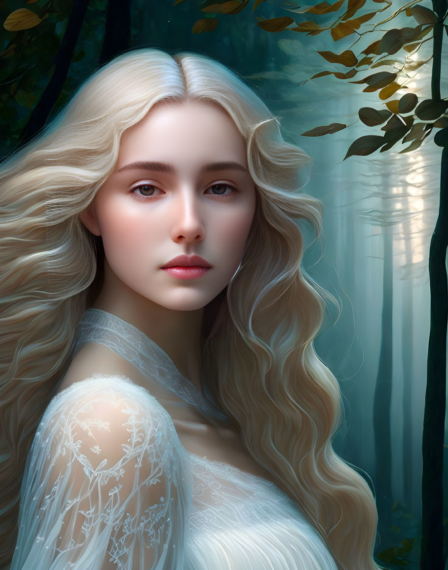 Blonde Woman Portrait in Mystical Forest Scene