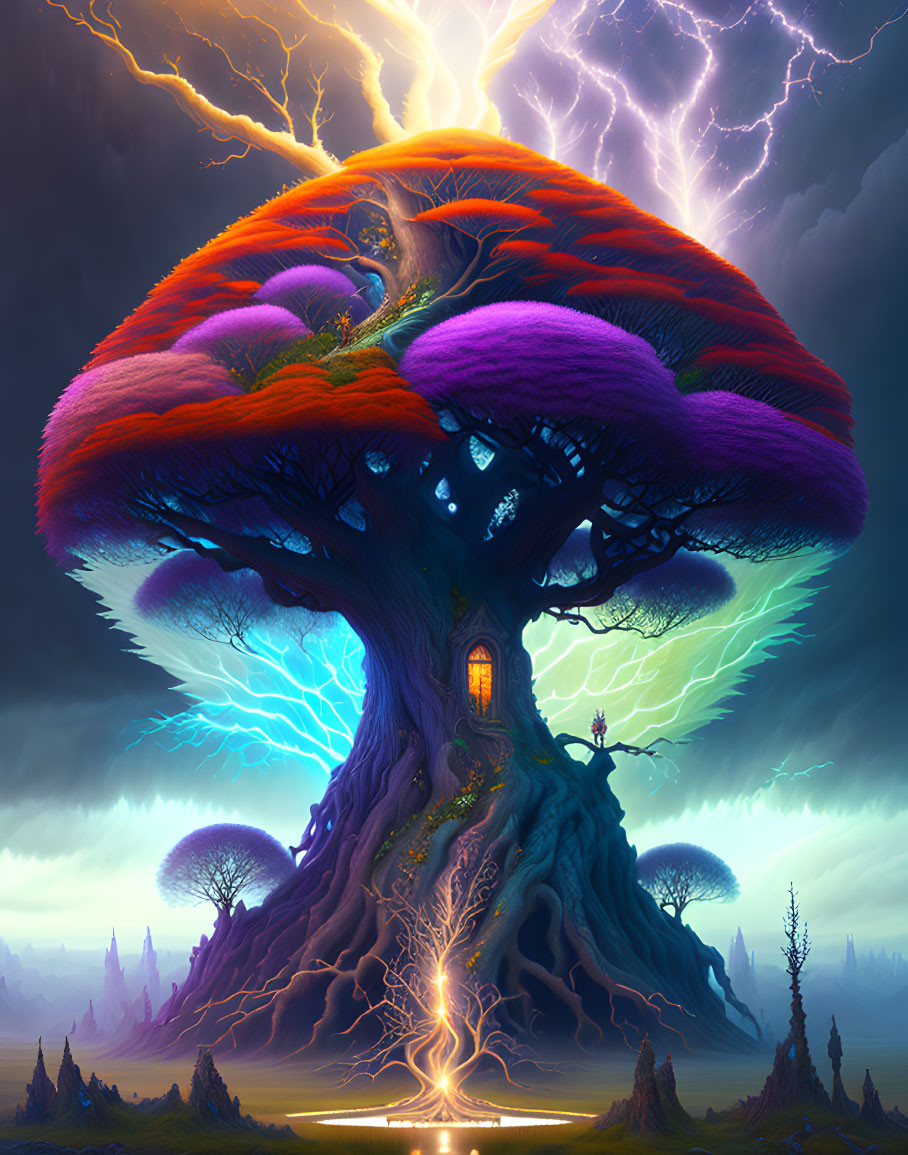 Majestic fantasy tree with red and purple canopy and glowing branches against stormy backdrop