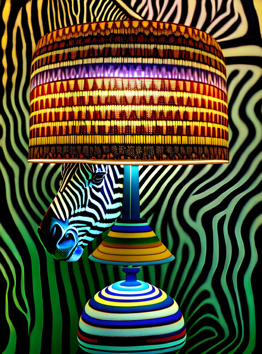 Colorful Striped Lamp on Psychedelic Zebra Background