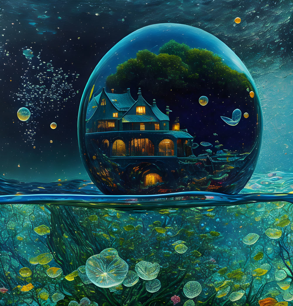 Surreal underwater house in vibrant aquatic setting