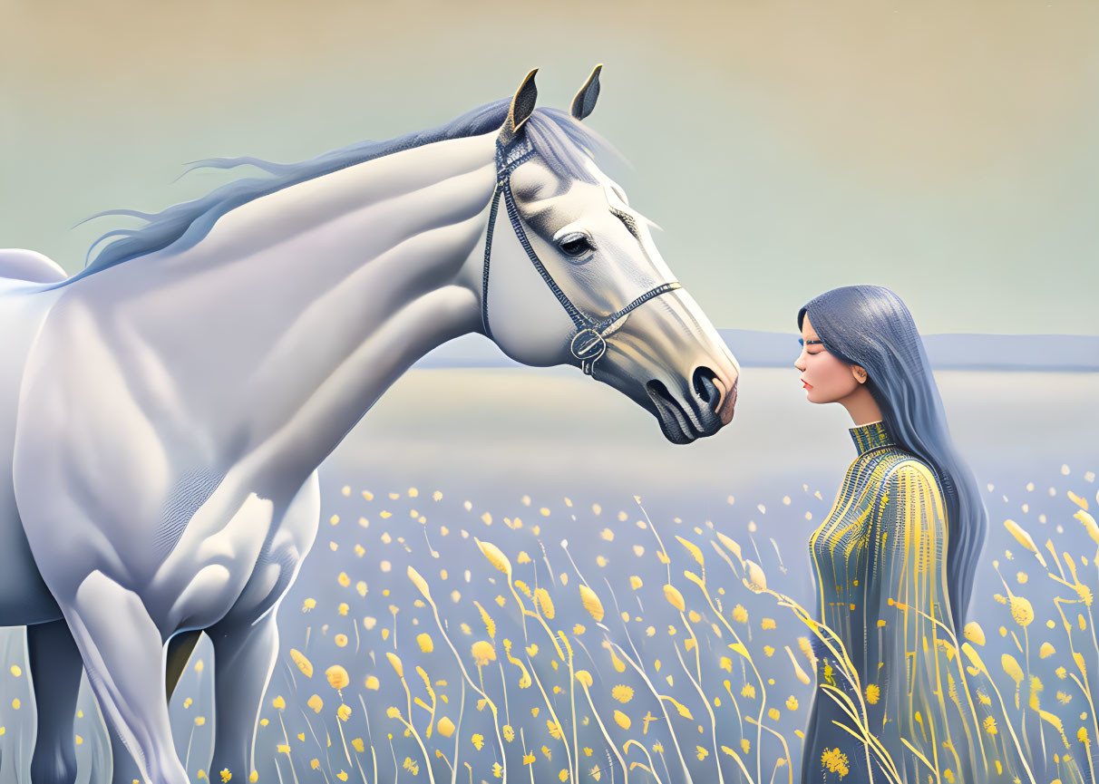 White horse and woman in yellow flower field under soft light