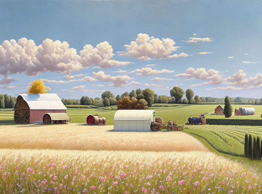 Rural landscape with farm, barns, tractor, and wheat fields