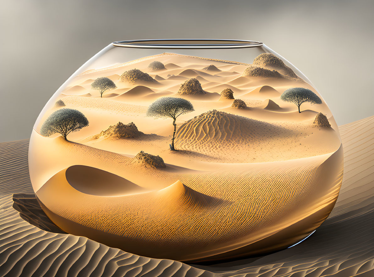 Surreal desert landscape in transparent fishbowl