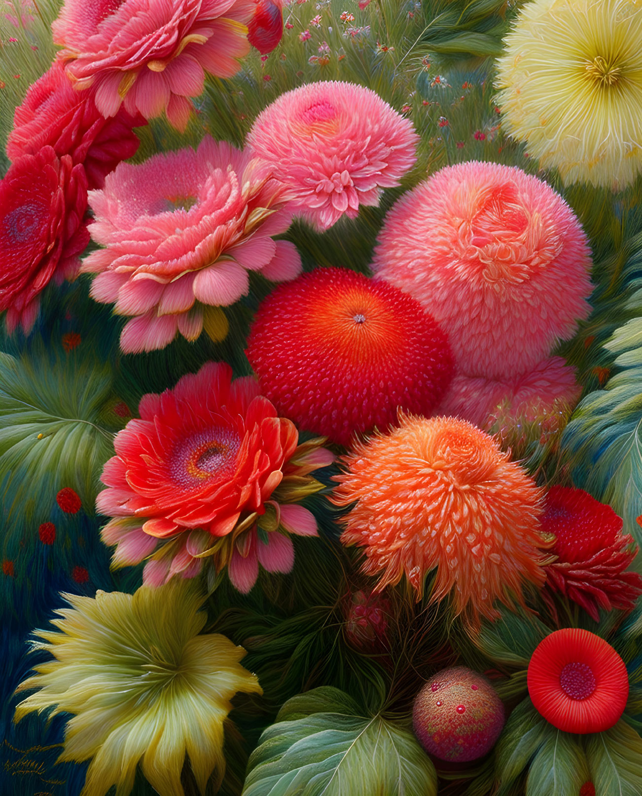 Colorful Textured Flowers in Red, Pink, Orange, and Yellow with Green Leaves