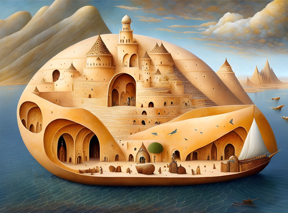 Surreal desert city shaped like a ship with sand dunes and sailing boat under blue sky