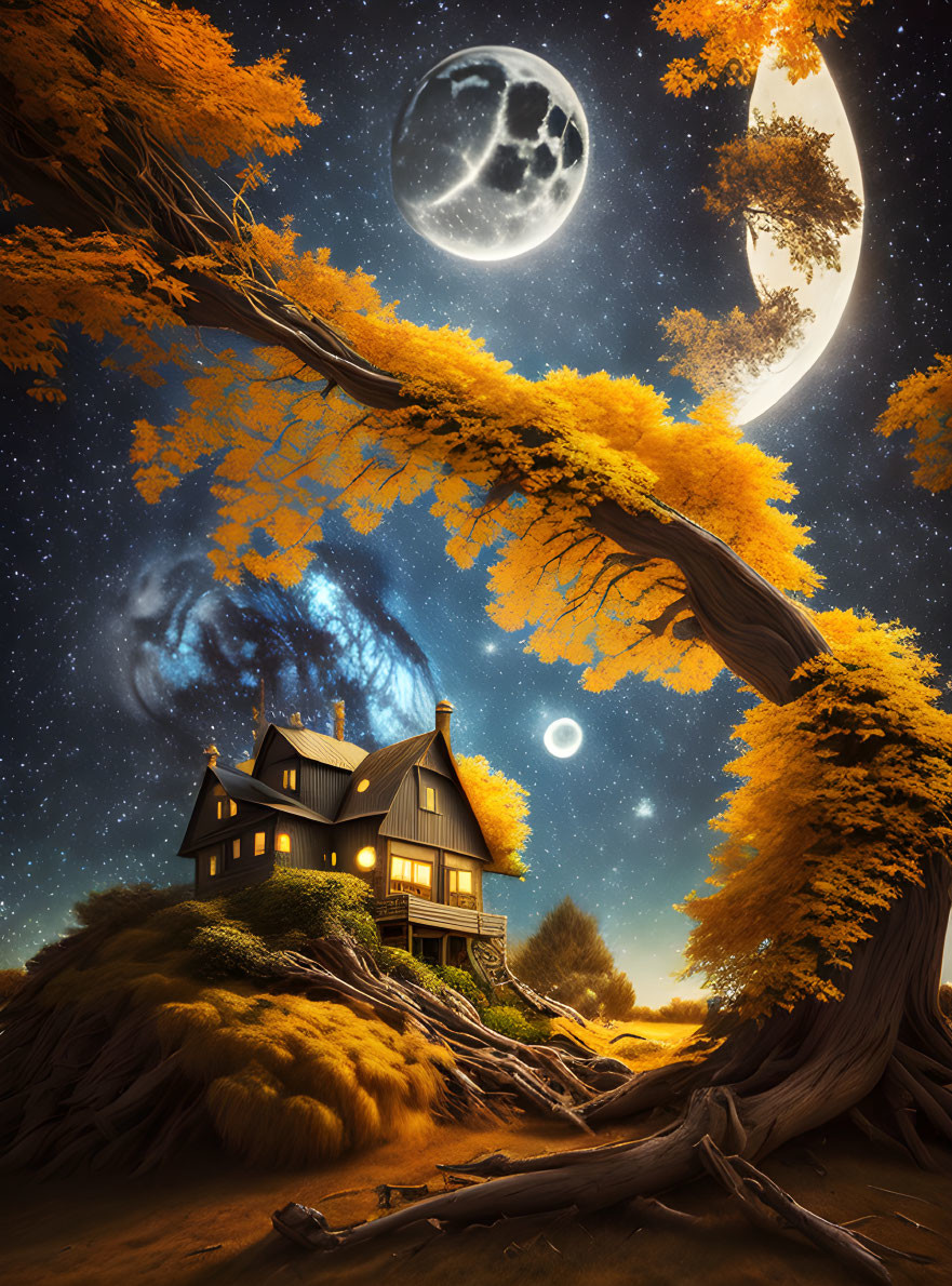 Cozy house under starry sky with autumn trees and glowing crescent moon