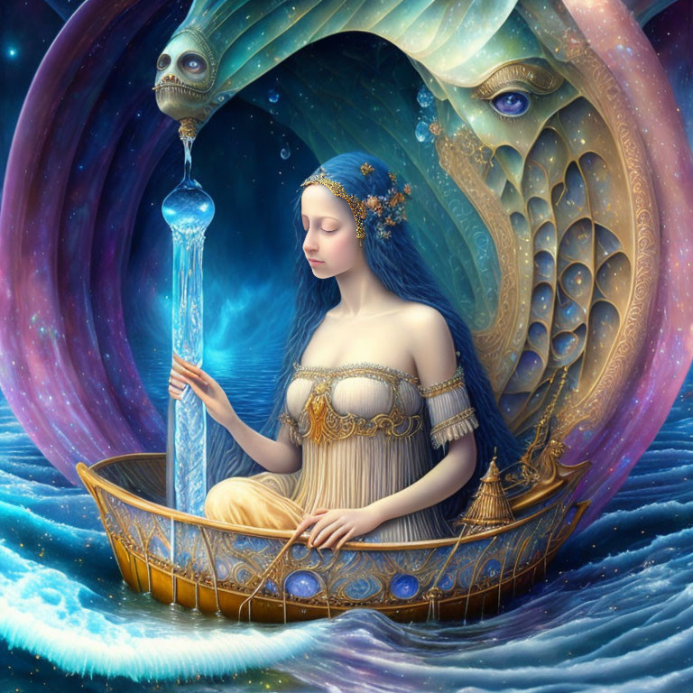 Woman in boat under cosmic wave with celestial beings holding glowing staff