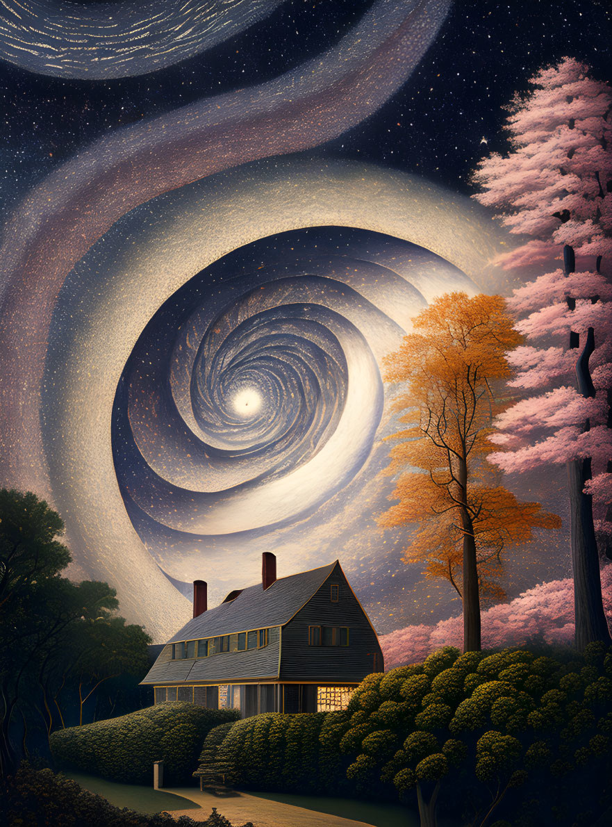 Autumn trees and swirling galaxy over idyllic house