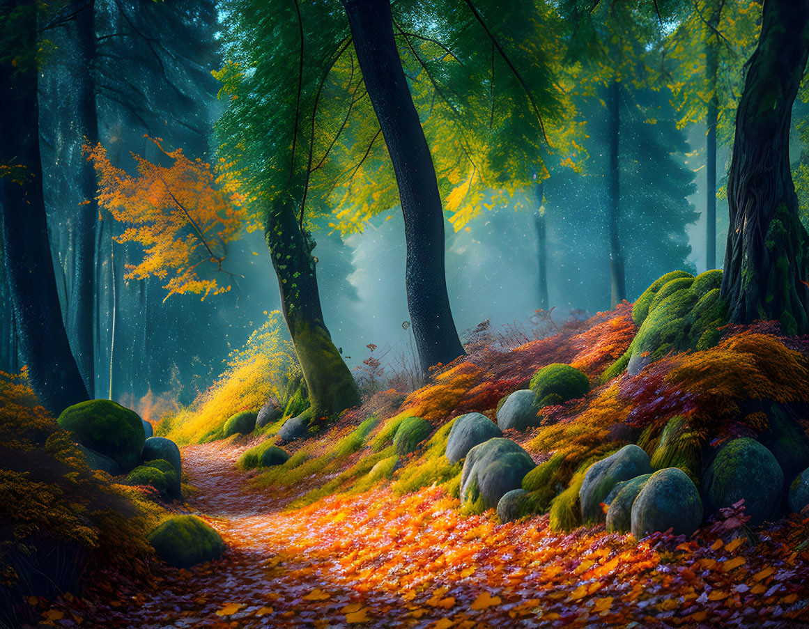 Tranquil Autumn Forest with Sunlit Path and Moss-Covered Stones