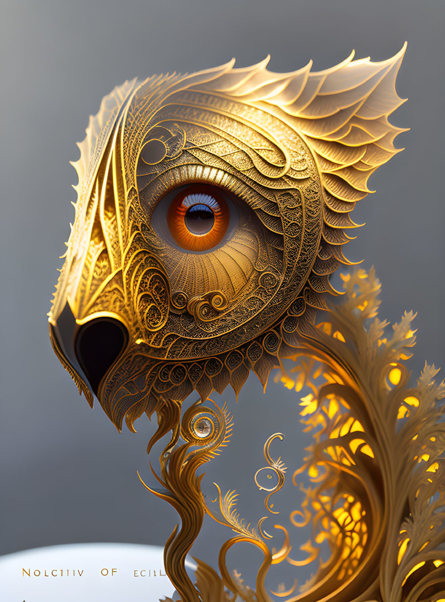 Detailed Digital Artwork: Stylized Golden Owl Face with Amber Eye and Patterns