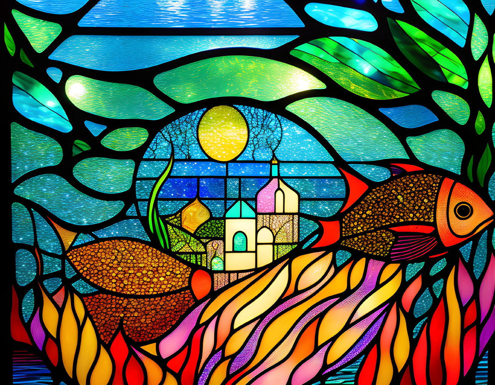 Colorful Stained Glass Window Design with Fish, Trees, Buildings, and Sun