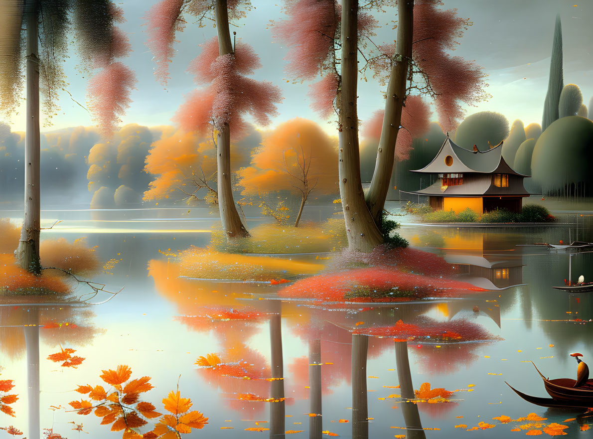 Colorful autumn trees, traditional house, and boat on serene water.