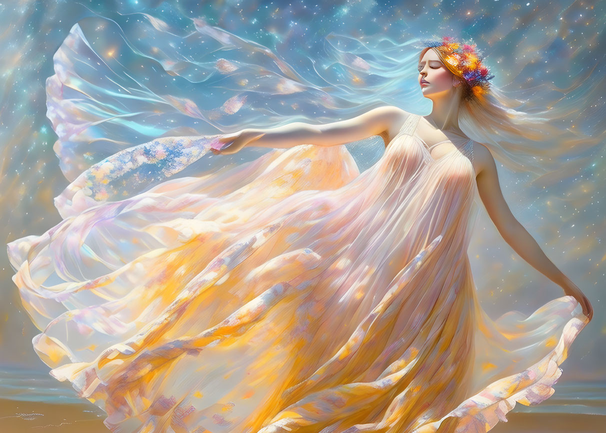 Colorful woman with butterfly wings in celestial setting