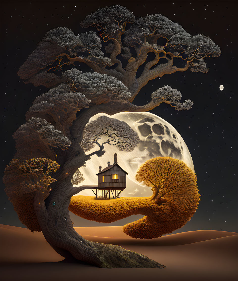 Spiraling tree with house under full moon in starry night