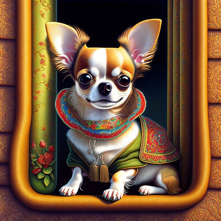 Colorful Chihuahua Dog in Elaborate Attire on Decorative Backdrop