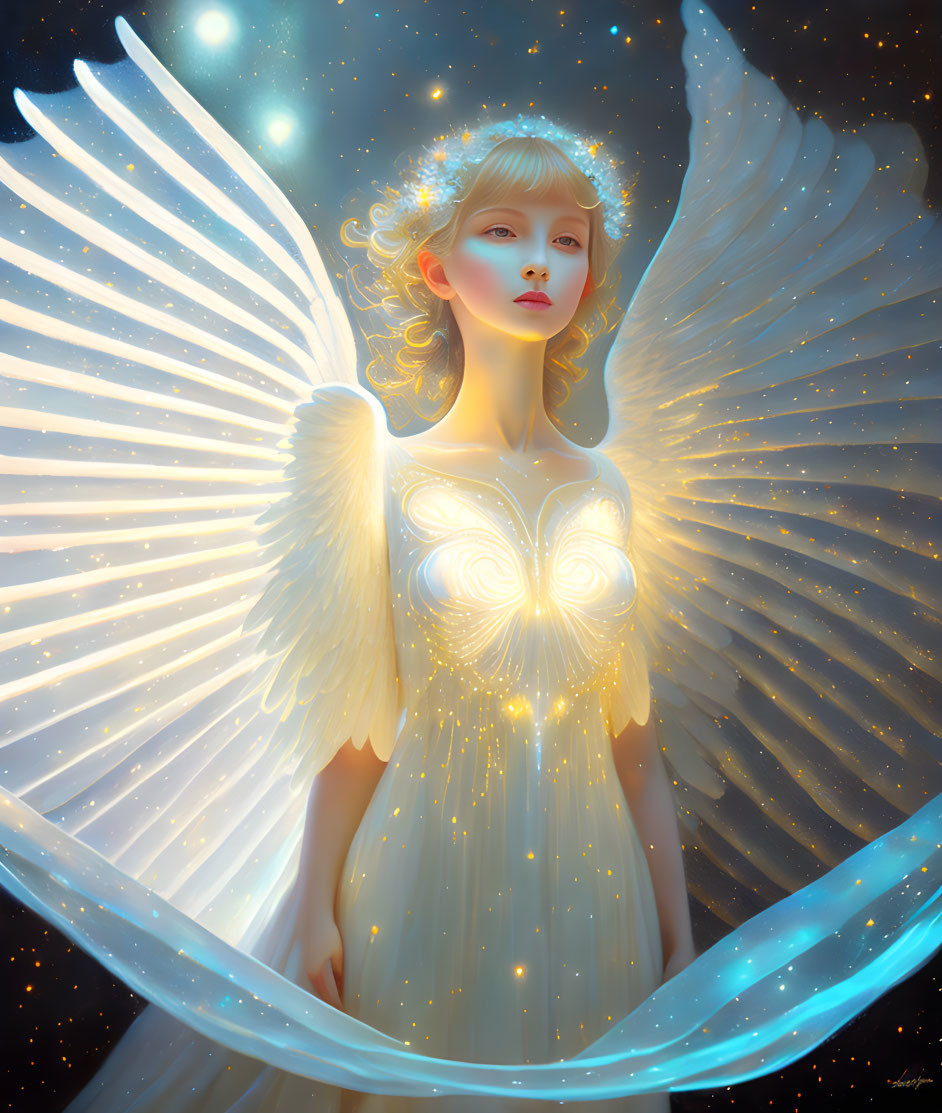 Ethereal angel with luminous wings in starry setting