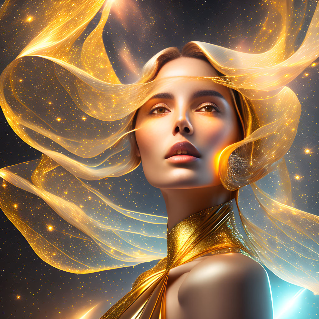 Golden-haired woman in celestial attire on starry backdrop