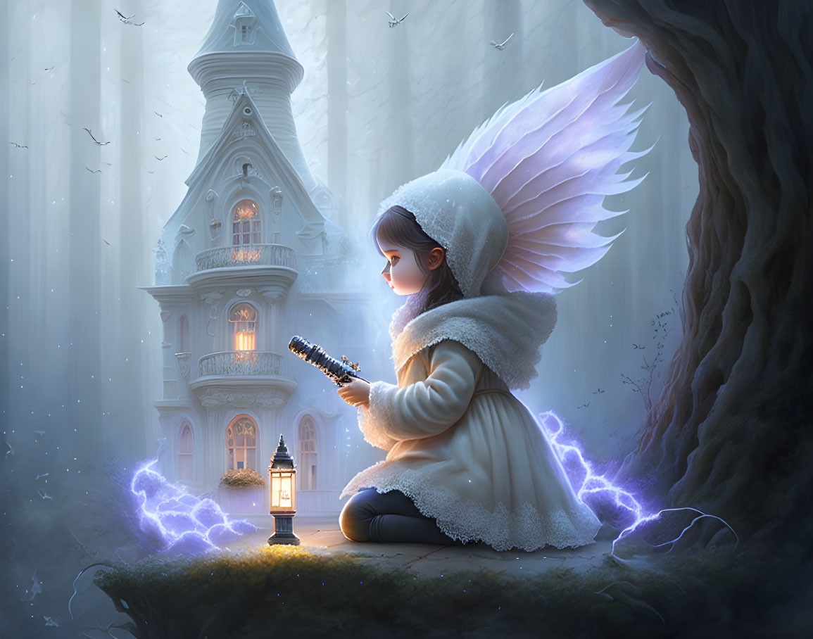 Fantasy illustration: Winged child playing instrument near lantern, with magical energy and ethereal castle.