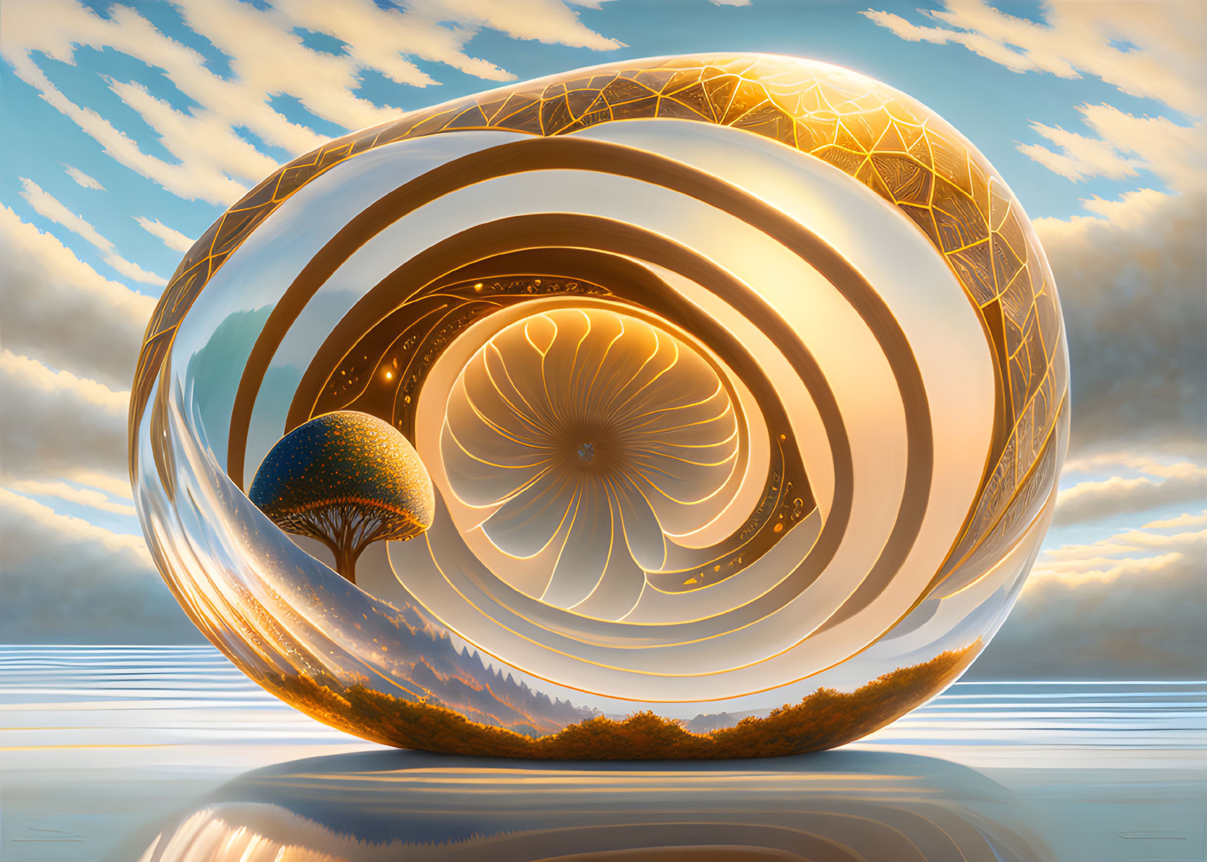 Surreal reflective orb with fractal patterns and lone tree in serene setting