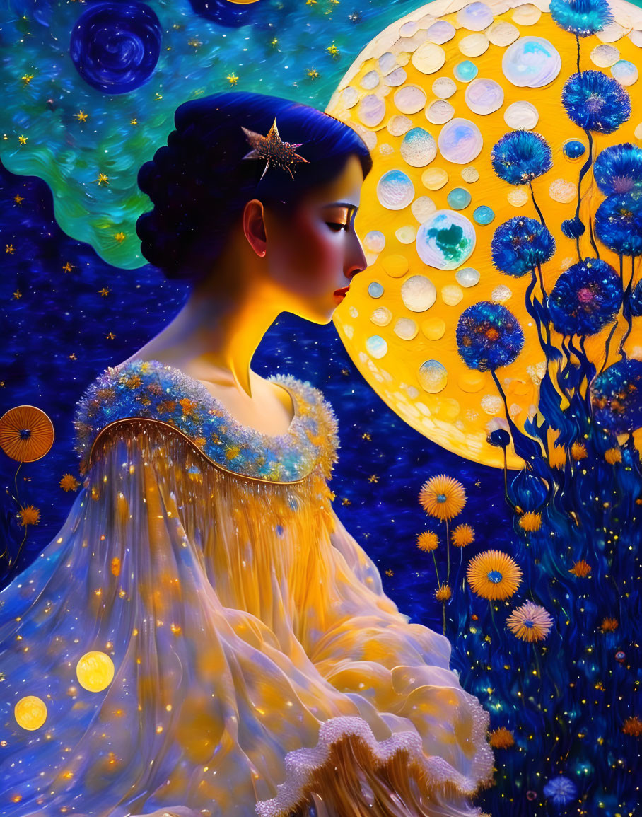 Woman in golden dress under starry night sky with full moon