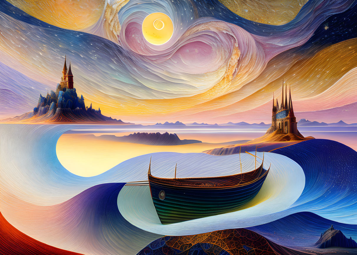 Surreal landscape with castles, Viking ship, and bright sun