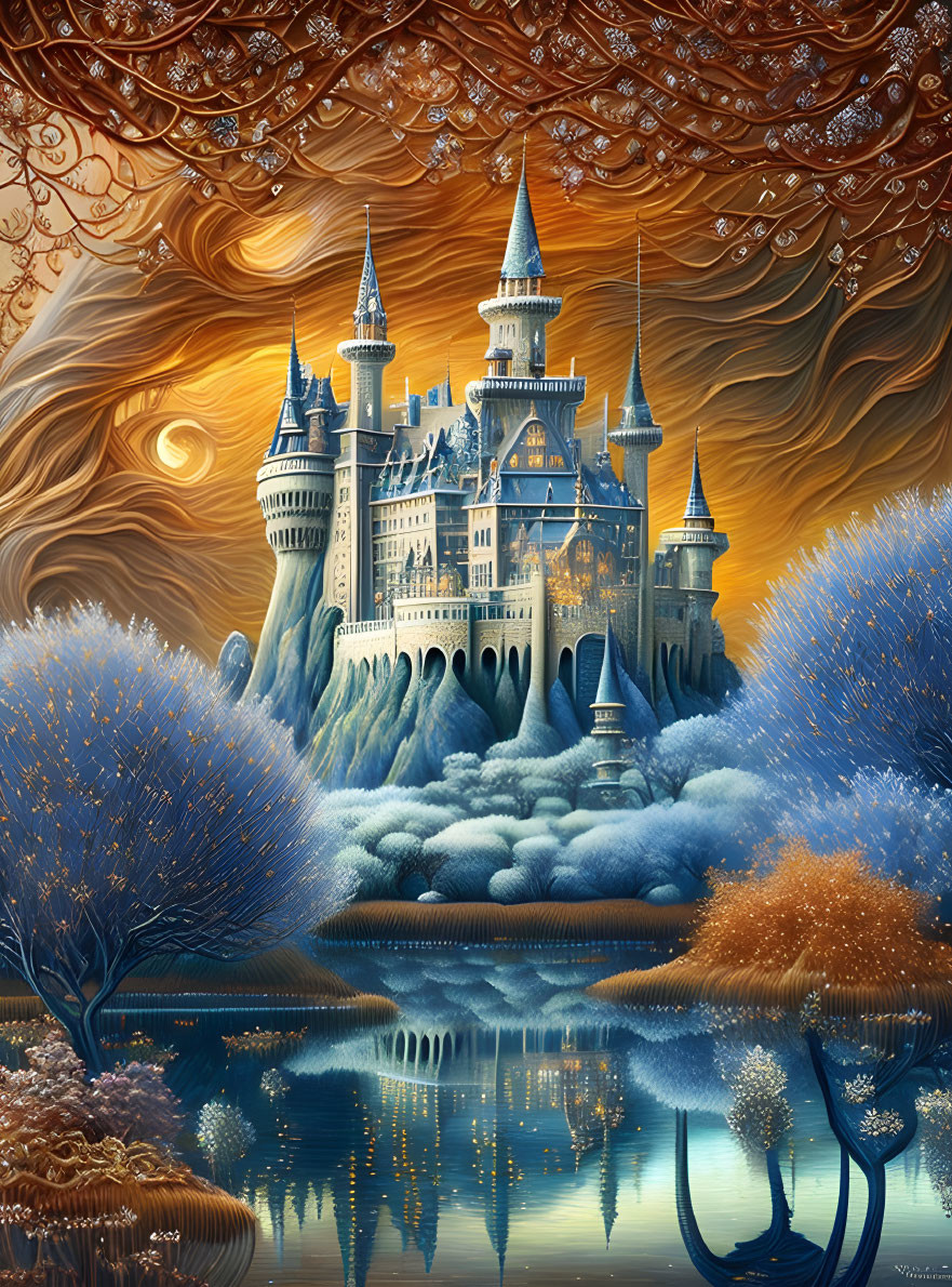 Fantasy castle with spires in autumnal setting reflected in a tranquil lake