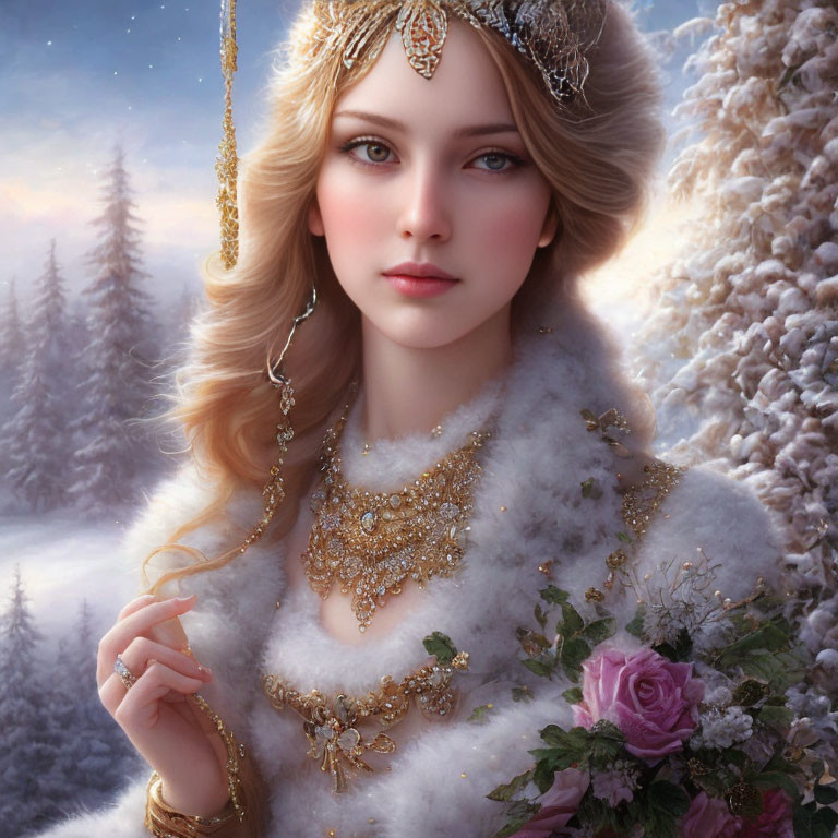 Blond Woman in Gold Jewelry and Fur Cloak on Snowy Background