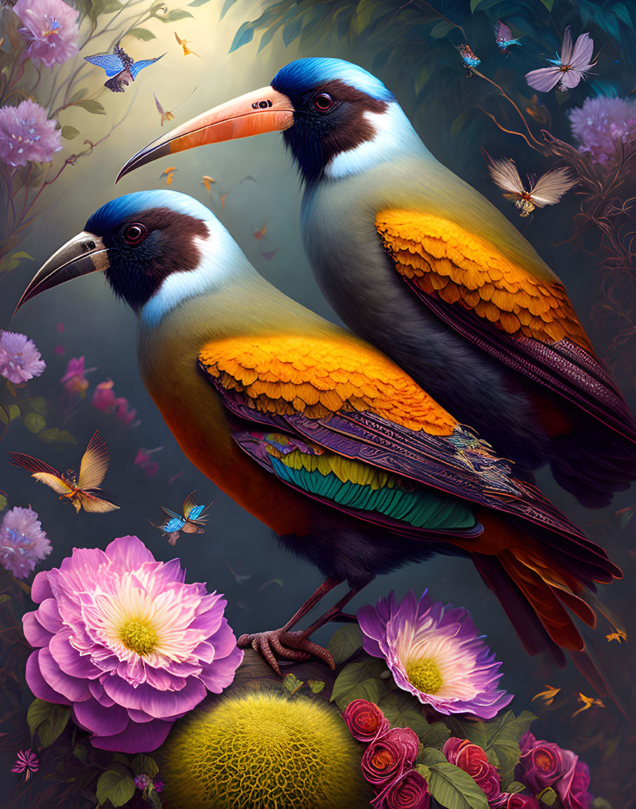 Colorful Birds with Long Beaks Among Flowers and Butterflies