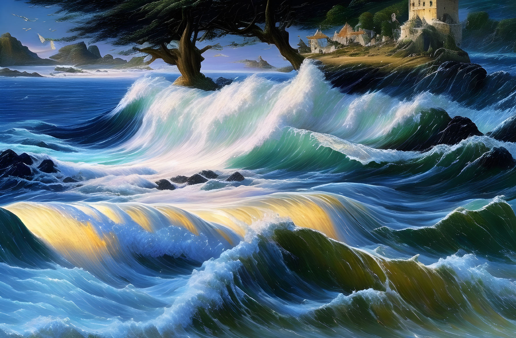 Scenic seascape with crashing waves, lone tree, rocky outcrop, and distant castle under dynamic