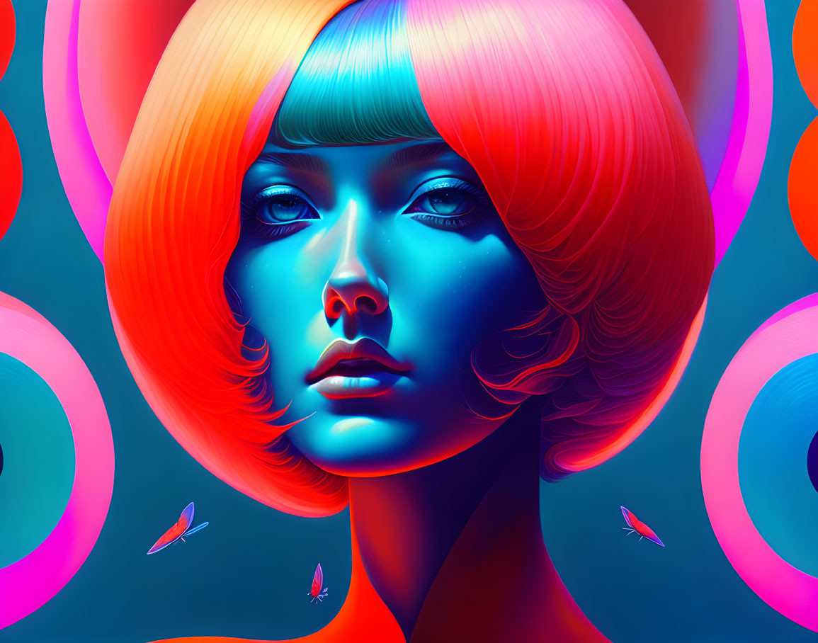 Colorful digital artwork of a woman with neon bob haircut & butterflies.