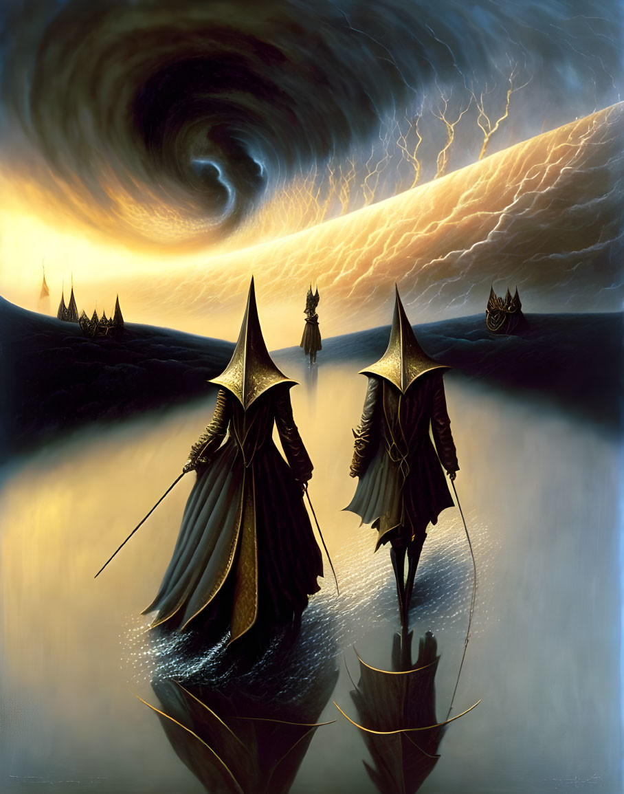 Mysterious robed figures on boats under stormy sky with lightning, silhouette standing on water.