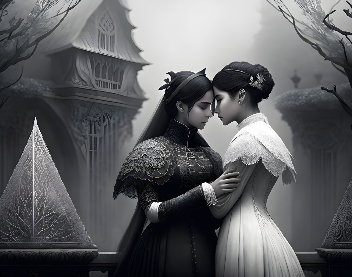 Two women in gothic attire embracing with foggy backdrop.