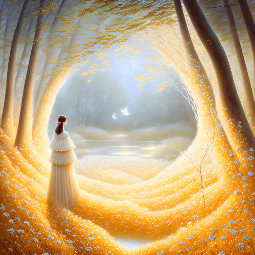 Woman in white dress in magical golden forest with glowing flowers and bright clearing