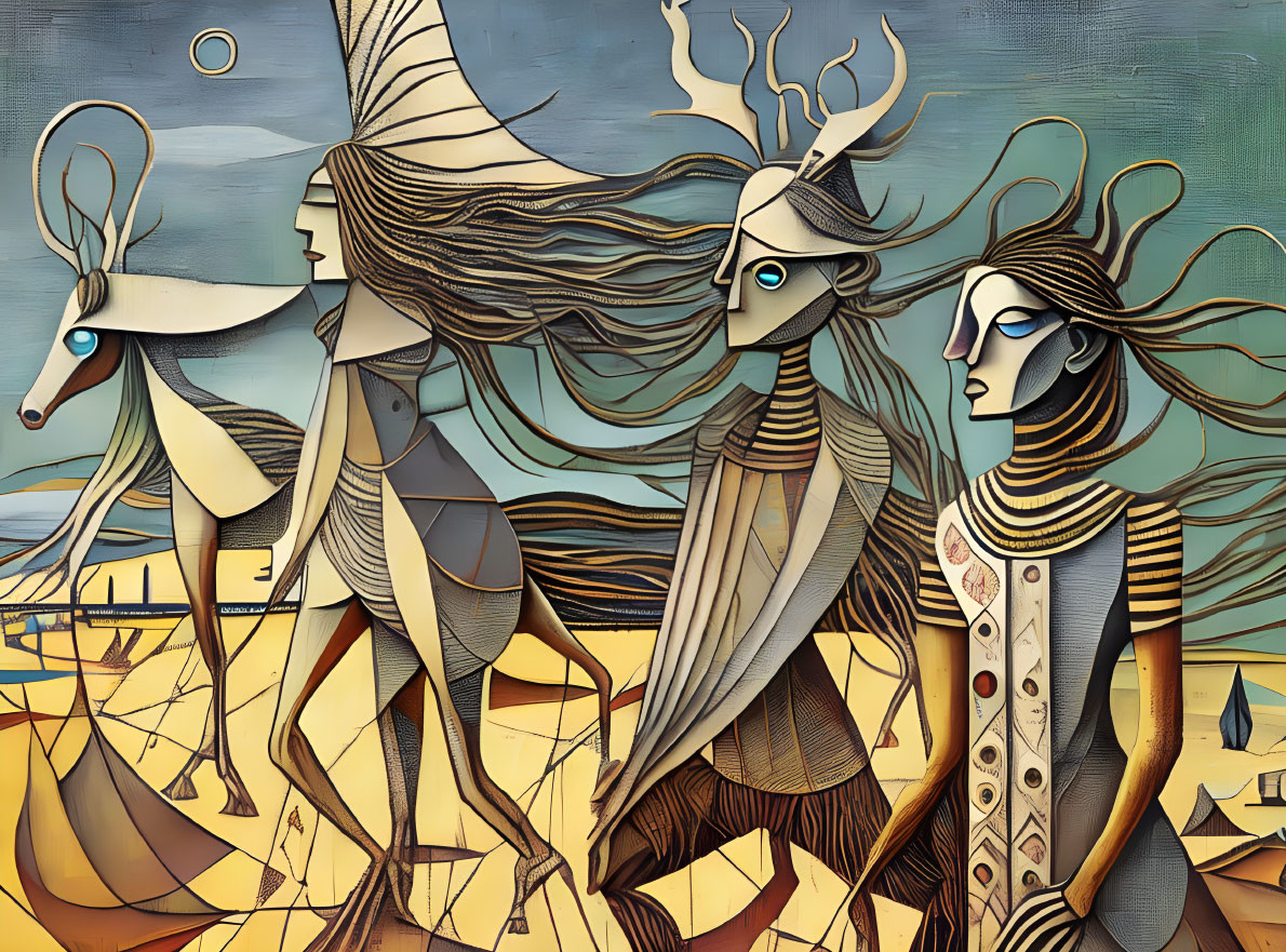 Abstract stylized figures in surreal landscape under pale sky