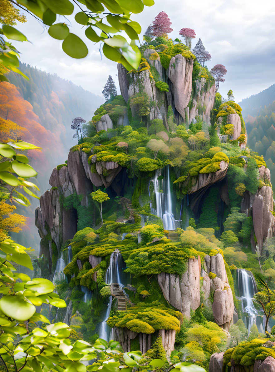 Green mountain crag with cascading waterfalls in misty forested hills